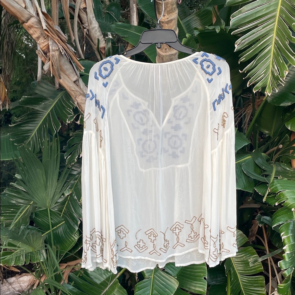 Sheer embroidered and gold beaded peasant blouse with wide bell sleeves - Picture 5 of 8